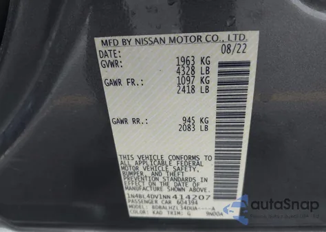 2022 Nissan Altima Sv Fwd из США, поврежденный, VIN 1N4BL4DV1NN414207